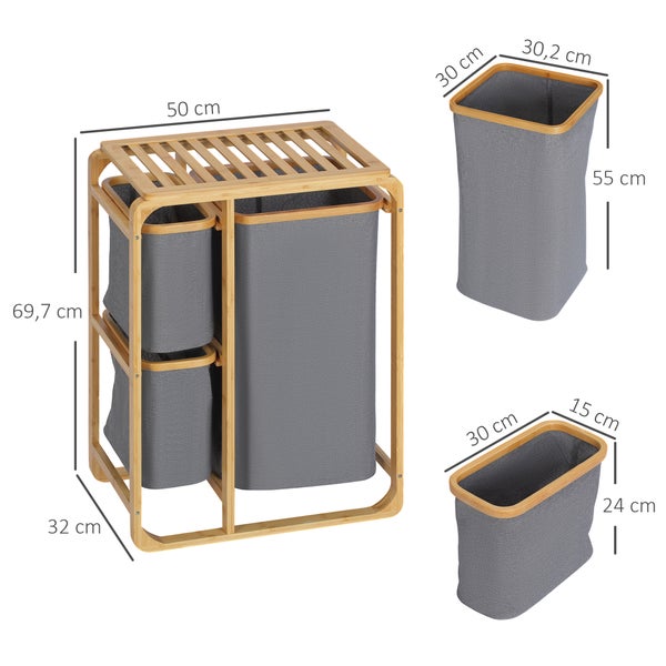 HOMCOM Wäschekorb Wäschebox mit Plattform Wäschesammler mit 3 abnehmbaren Wäschesacke Wäschesortierer für Schlafzimmer Badezimmer Bambus Grau+Natur 50 x 32 x 69,7 cm