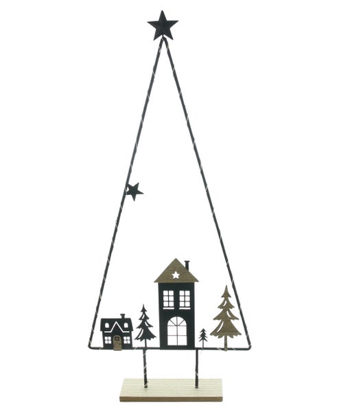 Dekorativer Weihnachtsbaum mit Häusern und Bäumen auf Holzsockel