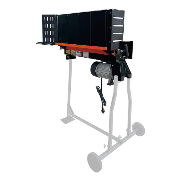 Liegender Holzspalter mit Elektromotor, Schutzgehäuse und fahrbarem Untergestell in Schwarz und Orange.