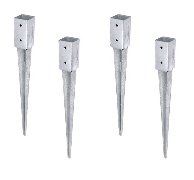 Set aus vier verzinkten Einschlagbodenhülsen für quadratische Holzpfosten zur stabilen Verankerung im Erdboden.