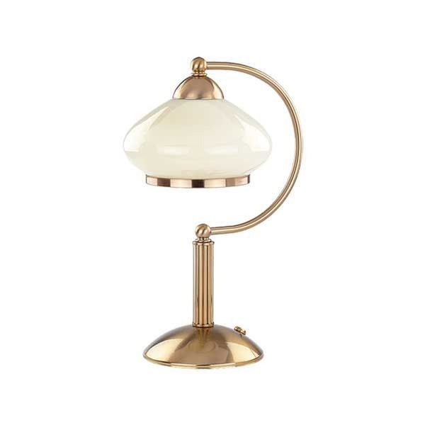 Tischleuchte im nostalgischen Design mit geschwungenem Metallständer und bauchigem Glasschirm