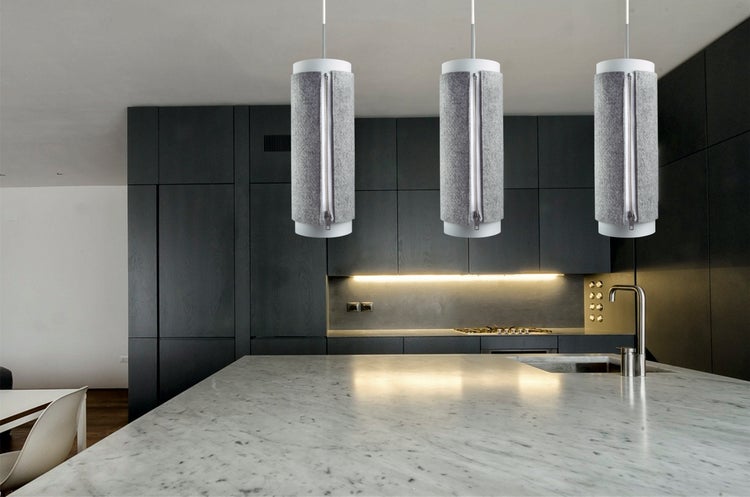 design hängelampe pendelleuchte stoff grau schmal wohnzimmer schlafzimmer lampe | Wohnzimmer Esszimmer Leuchte