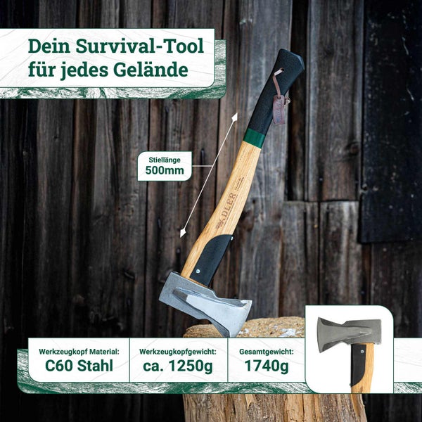 Adler Spaltaxt mit C60 Stahl Kopf und 500 Millimeter Stiellänge vor rustikalem Holzhintergrund.