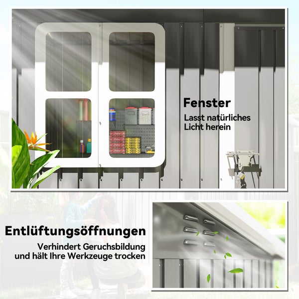 Infografik eines Metall-Gartenhauses mit Fenster für natürliches Licht und Belüftungsöffnungen für eine gute Luftzirkulation.