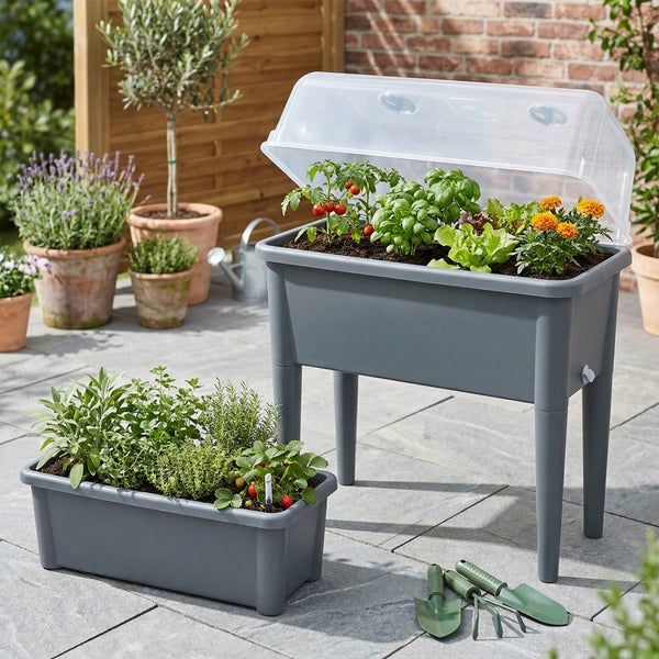 Graues Hochbeet mit Haube, Kräutern und Tomaten neben Pflanzkasten und Gartenwerkzeug auf einer Terrasse.