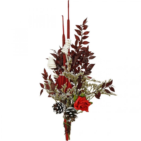 Dekoratives Gesteck mit Rose, Tannenzapfen und Blättern