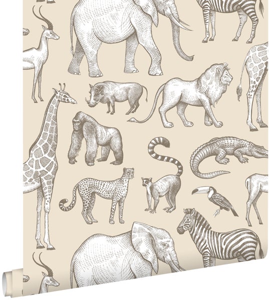 Tapete mit Tiermotiven, darunter Elefanten, Zebras, Löwen und Giraffen