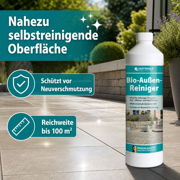 HOTREGA Bio Außenreiniger Flasche zur Reinigung von Gehwegen und Terrassen mit Schutz vor Neuverschmutzung und einer Reichweite bis 100 Quadratmeter