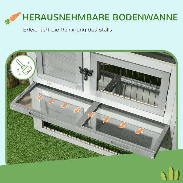 PawHut Hasenstall 2 Ebenen Kaninchenstall aus Tannenholz Winterfest Doppelstockhaus mit Freilaufgehege Rampe 150x52x68 cm Kaninchenkäfig Outdoor Kleintierstall für Hasen Kaninchen Meerschweinchen Grau