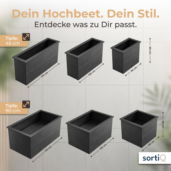 sortiQ Logo und Übersicht über Hochbeete in verschiedenen Größen mit einer Höhe von 80 Zentimetern sowie Tiefen von 45 und 90 Zentimetern.