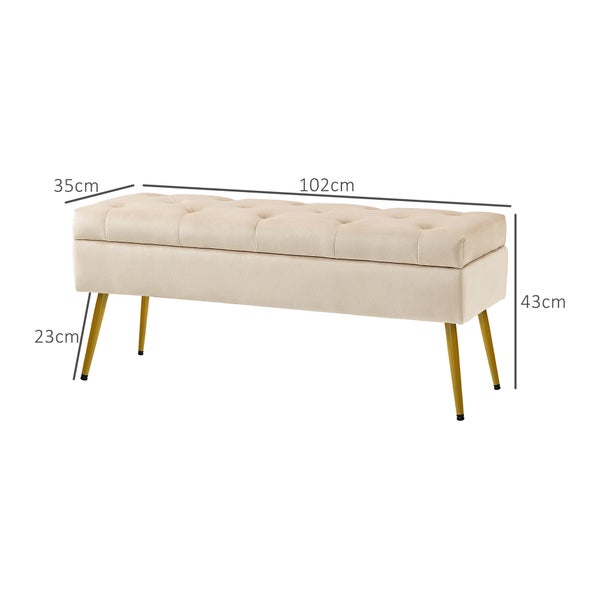 HOMCOM Sitzbank mit Stauraum, Polsterbank mit Deckel, Bettbank mit Samtoptik, für Flur Schlafzimmer Wohnzimmer, Metallrahmen 102 x 35 x 43 cm Beige