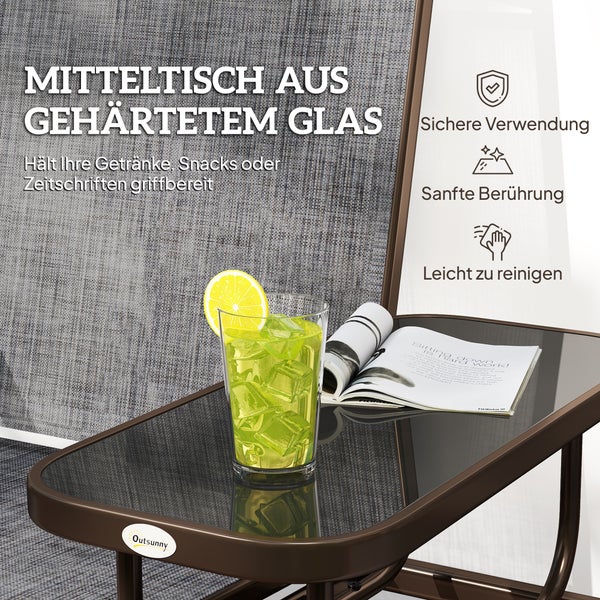 Outsunny Logo. Mitteltisch aus gehärtetem Glas mit Getränk und Zeitschrift. Symbole für sichere Verwendung, sanfte Berührung und einfache Reinigung.