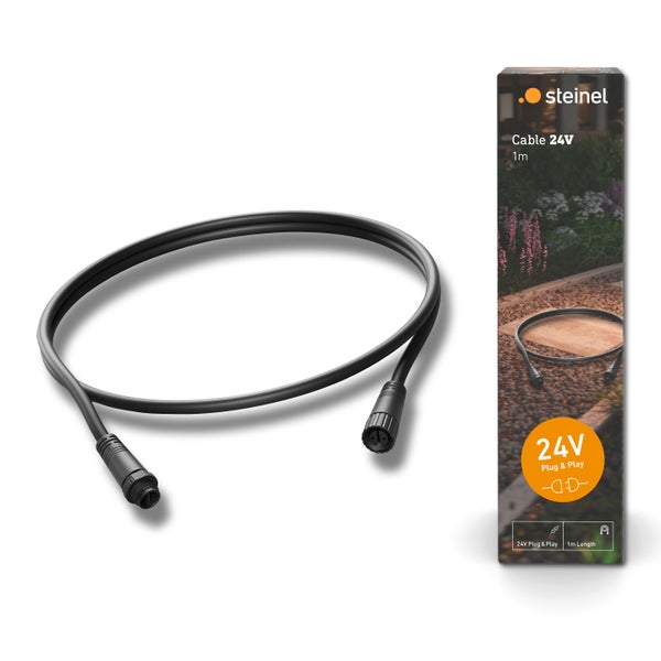 Steinel 24 Volt Verbindungskabel für Gartenbeleuchtung, 1 Meter Länge, Plug and Play System und Verpackung mit Steinel Logo.