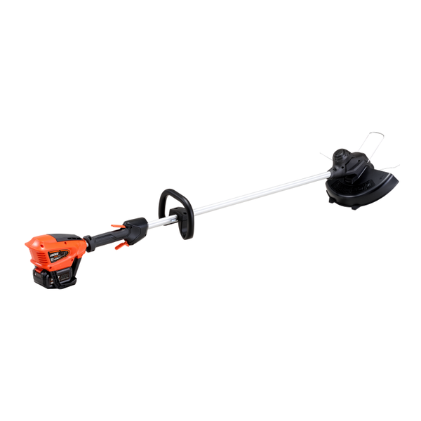 Akkubetriebener Rasentrimmer mit Griff und Schutzvorrichtung.