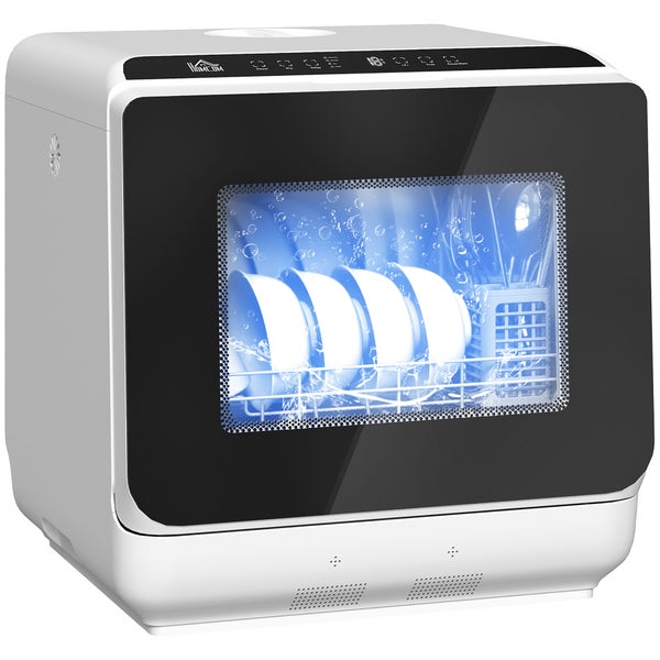 Homcom Tischgeschirrspüler in Weiß mit schwarzer Front, Sichtfenster und digitalem Bedienfeld.