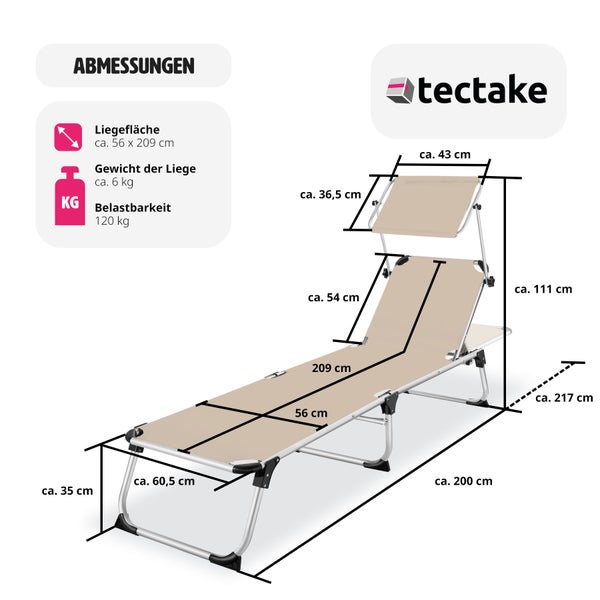 tectake Logo. Darstellung der Verstellbarkeit der Sonnenliege.