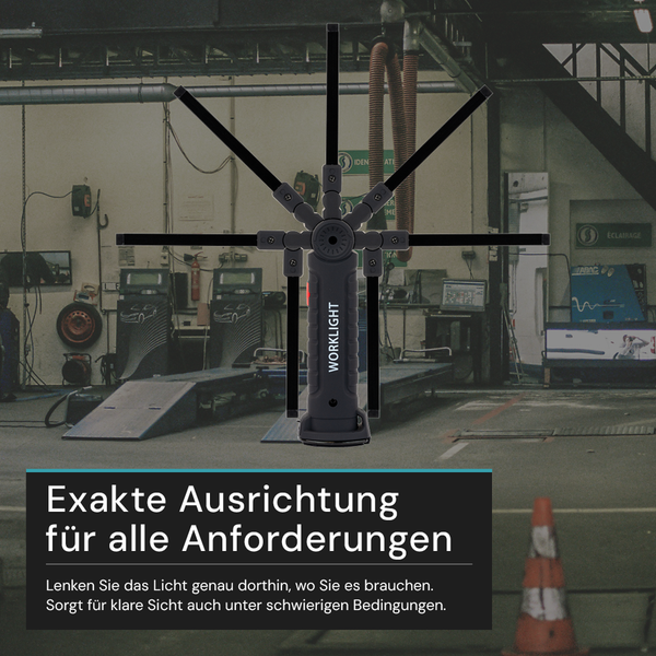 Werkleuchte mit flexiblen Armen in einer Werkstatt