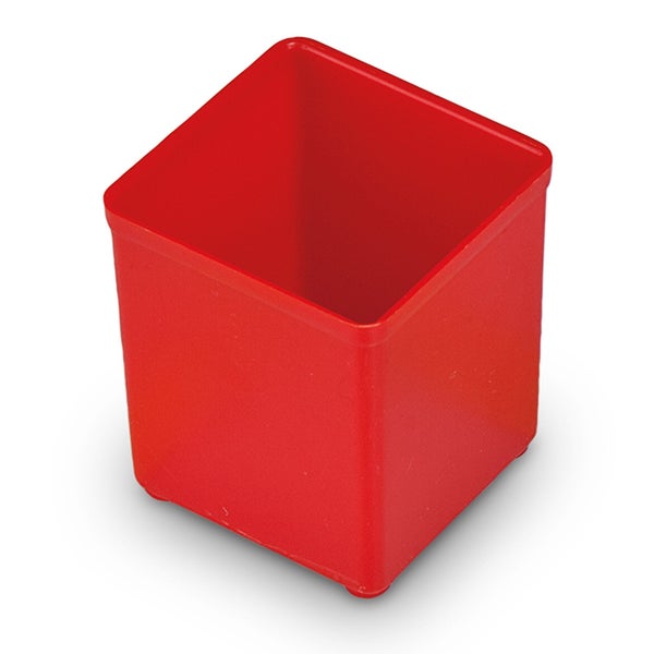 Rote, quadratische Einsatzbox aus Kunststoff für Kleinteile.