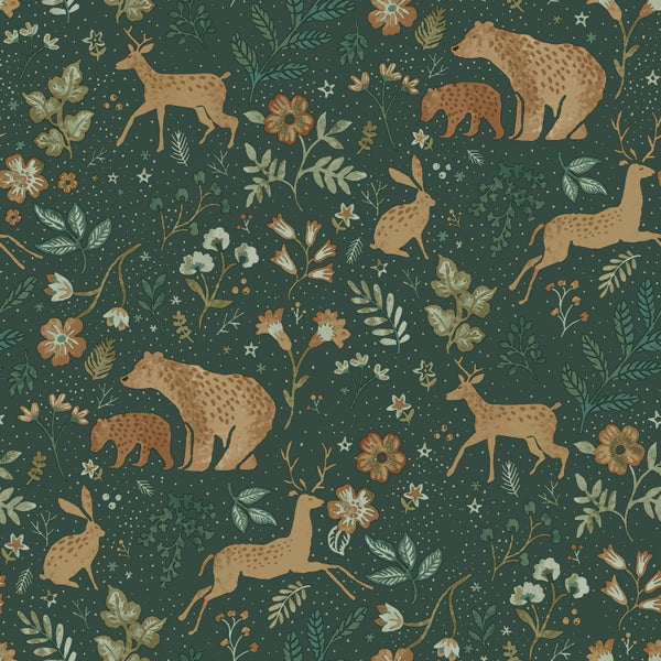 Illustration mit Bären, Hirschen, Hasen und Blumen auf dunklem Grund