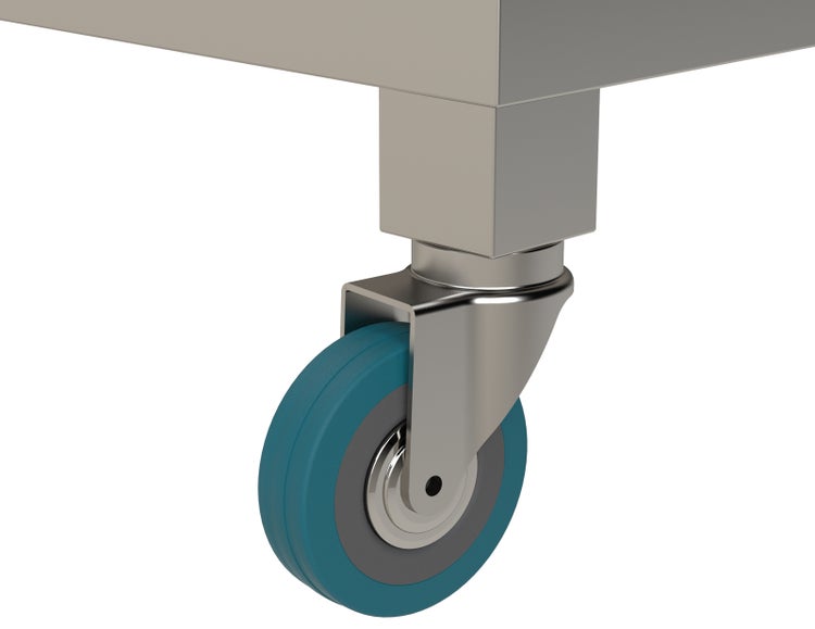 Lenkrolle aus Metall mit blauem Rad, montiert an einem quadratischen Metallbein.