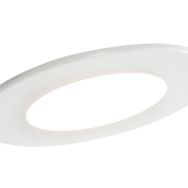 Runde LED-Einbauleuchte mit weißem Rahmen und flacher Leuchtfläche.