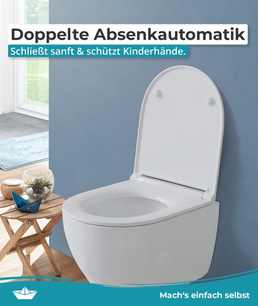 Wand-WC mit aufklappbarem Toilettensitz und doppelter Absenkautomatik für sanftes Schließen in einem modernen Badezimmer.