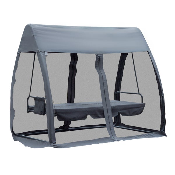 Outsunny Hollywoodschaukel, 3-Sitzer Gartenschaukel mit Seitenwänden, 240x140x197cm, Metall, Polyester, Oxford, Moskitonetz, Grau