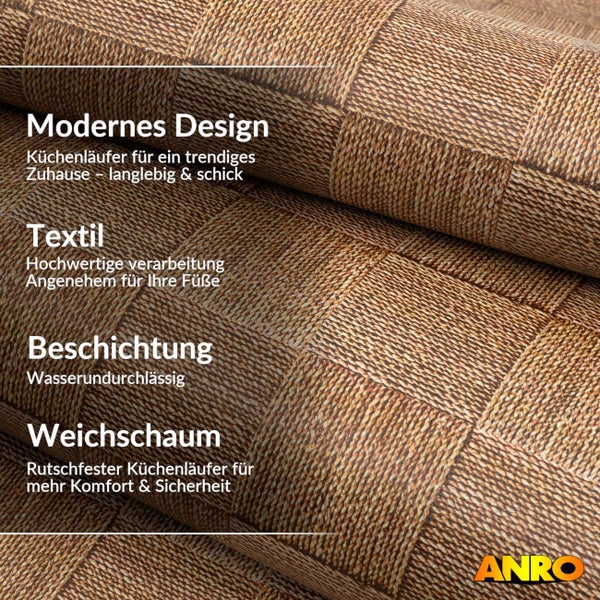 Detailansicht eines Küchenläufers mit Text zu Design, Textiloberfläche, wasserdichter Beschichtung und rutschfestem Weichschaum. ANRO Logo.