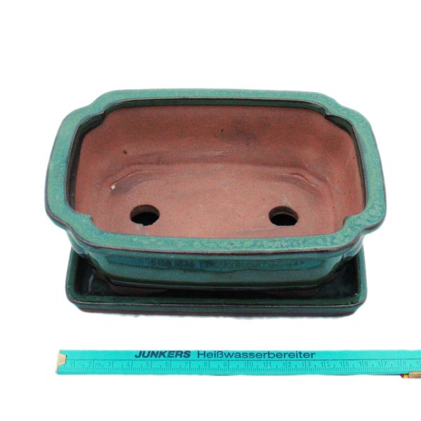 Rechteckige Bonsaischale aus Keramik mit Untersetzer