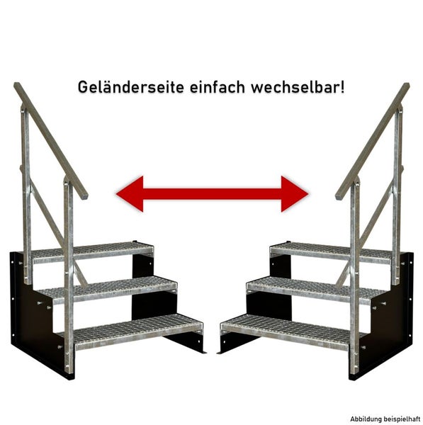 Stahltreppe mit drei Gitterroststufen, Geländer flexibel links oder rechts montierbar.