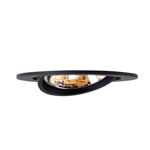 Runder, schwenkbarer Einbaustrahler aus Metall in Schwarz.