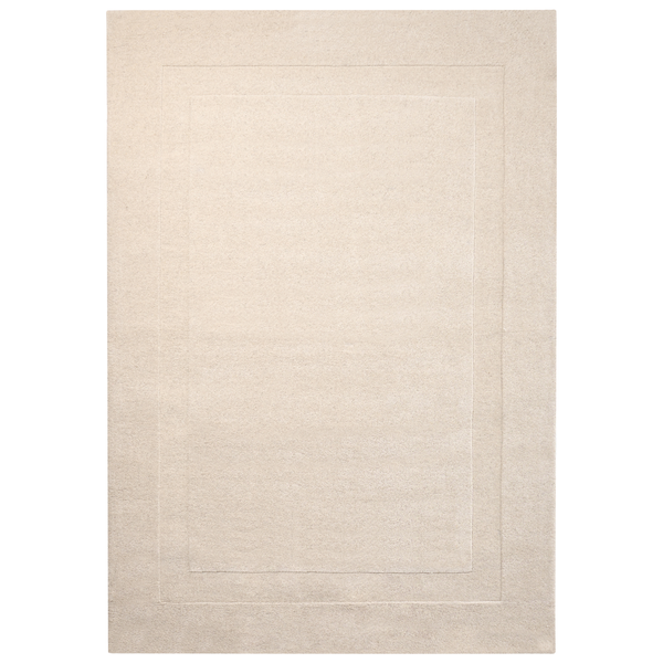 Rechteckiger Teppich in Beige mit dezentem Rahmenmuster und weicher Oberfläche.