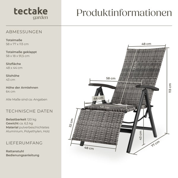 Rattanstuhl tectake Brisbane  58 x 77 x 113 cm mit Aluminiumgestell grau