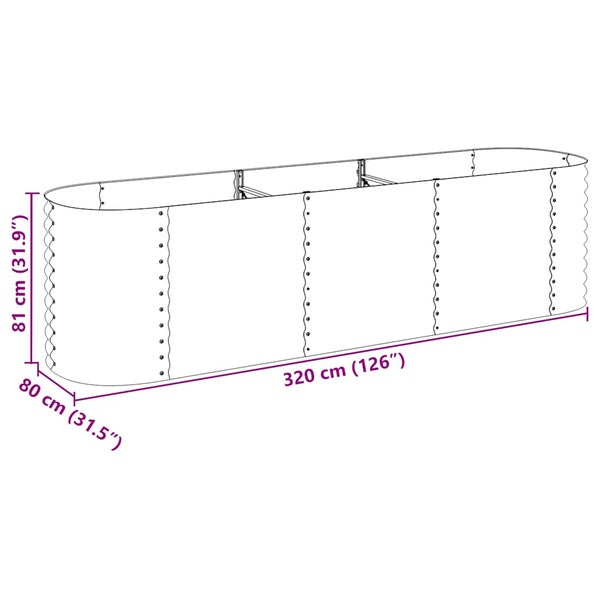 Ovales Hochbeet mit den Maßen 320 Zentimeter Länge, 80 Zentimeter Breite und 81 Zentimeter Höhe. Bestehend aus gewellten Metallpaneelen.