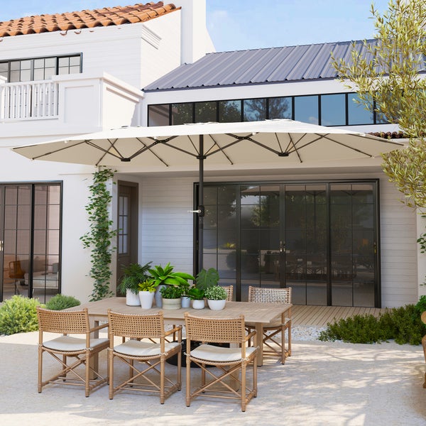 Outsunny Doppelsonnenschirm 436 x 260 cm, UV Schutz Stahl Sonnenschirm mit Handkurbel, oval Balkonschirm Strandschirm windfest stabil Marktschirm Kurbelschirm für Strand Balkon Garten, Beige