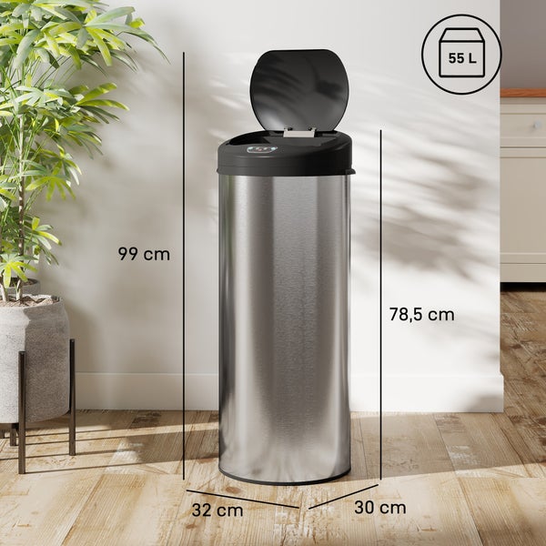 Sensor Abfalleimer aus Edelstahl mit 55 Liter Fassungsvermögen und Maßangaben in einer häuslichen Umgebung.