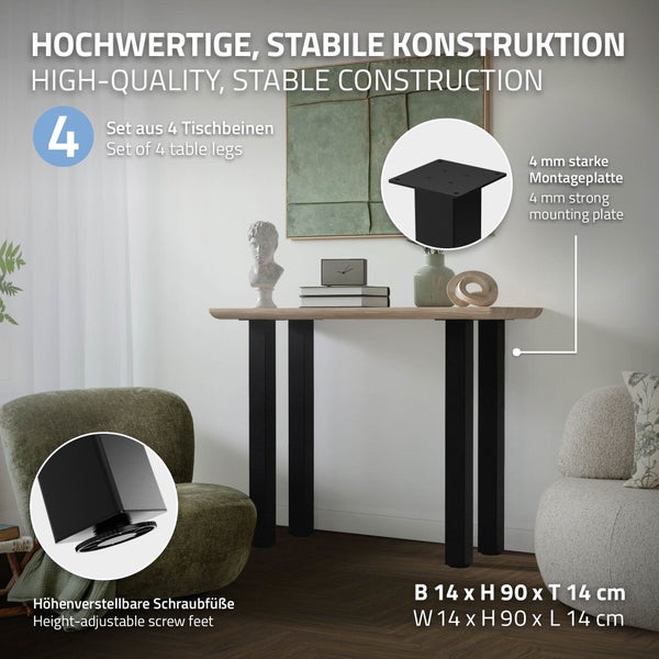 ML-Design 4er Set Tischbeine I-Design 90 cm, Schwarz glänzend, Stahl pulverbeschichtet, eckig, Profil 8x8 cm, Höhenverstellbare Möbelfüße 1-4cm, Möbelbeine für Konsolentisch Schreibtisch Arbeitstisch
