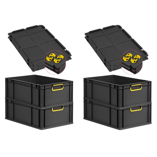 PROREGAL SuperSparSet 4x Eurobox NextGen Color mit Auflagedeckel und Schiebeschnappverschlüsse, HxBxT 22x40x60cm, 44 Liter, Schwarz, Griffe gelb geschlossen, Verstärkter Boden, Eurobehälter, Transportbox, Transportbehälter, Stapelbehälter