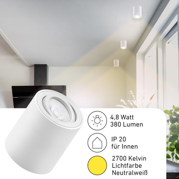 Aufbaustrahler Lile M Weiß 3 Stück LED Modul 4,8W 2700K Warmweiß 380Lumen Aluminium Schwenkbar 110° Breitsrahlend Aufputz