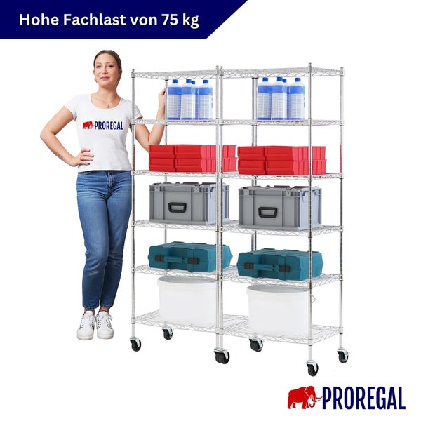 Proregal Drahtregal auf Rollen mit fünf Ebenen, Tragkraft 75 Kilogramm pro Boden, beladen mit Boxen und Proregal Logo.