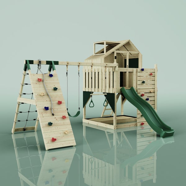 OutdoorToys Spielturm Oscar aus Holz in Grün Trapezschaukel