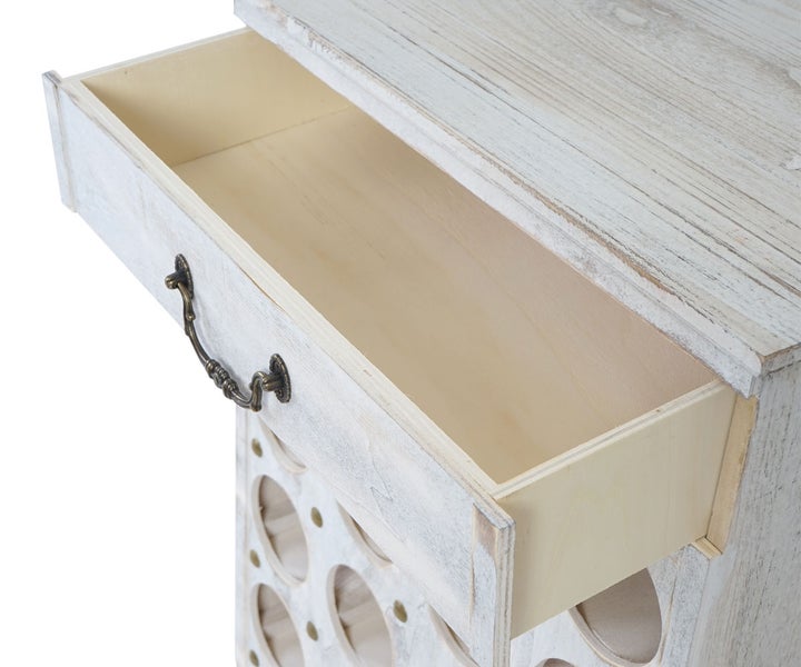 Weinregal mit Schublade aus Holz.