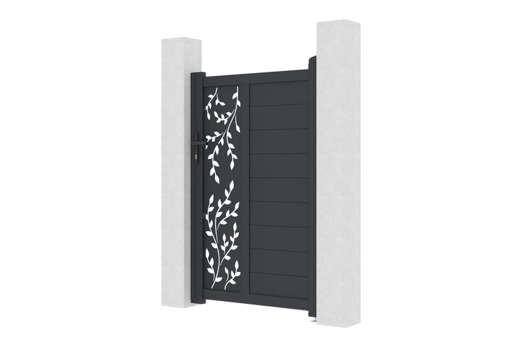 Modernes Gartentor aus Aluminium in Anthrazit mit dekorativem Blättermotiv, montiert zwischen zwei hellen Mauerpfosten.