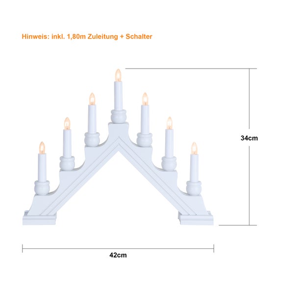 Weihnachtsleuchter aus Holz mit sieben Leuchten und den Maßen 42 mal 34 Zentimeter