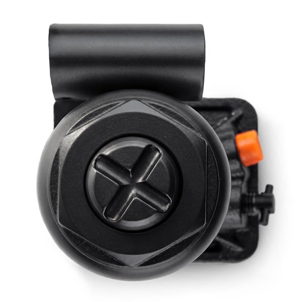 Draufsicht auf einen schwarzen hydraulischen Stempelwagenheber aus Metall mit einem Kreuzschlitz und einem orangefarbenen Ventil.
