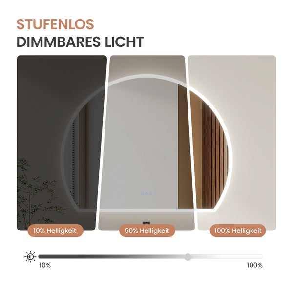 Runder Wandspiegel mit stufenlos dimmbarer LED Beleuchtung und drei Helligkeitsstufen von 10 Prozent bis 100 Prozent.