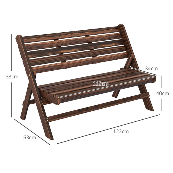 Holzbank mit den Maßen 83 cm Höhe, 122 cm Breite und 63 cm Tiefe