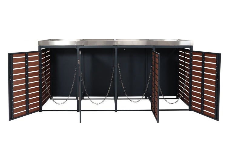 Mülltonnenbox für drei Mülltonnen mit Edelstahlabdeckung und Holzlatten