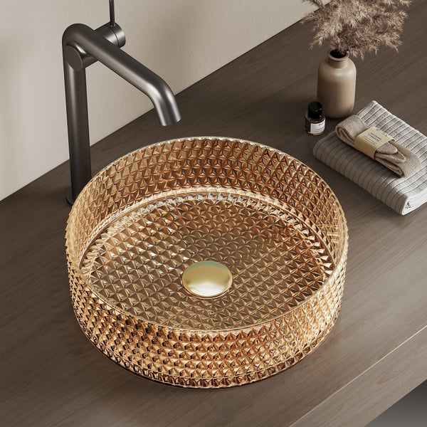 EMKE Aufsatzwaschbecken Ø36 cm, Crystal Glass, Rundes Waschbecken, Roségold, Höhe 112 mm, Elektroplattiertes Design, Ohne Hahnloch, Modernes Badezimmer Waschtisch