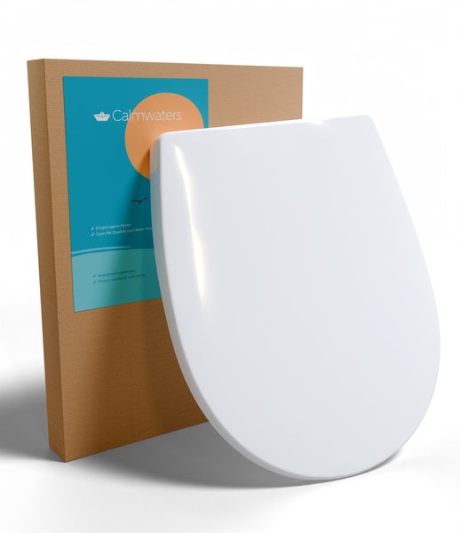 Calmwaters WC Sitz in Weiß vor der Produktverpackung mit Markenlogo
